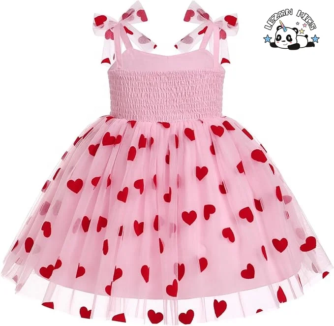 Vestido rosa personalizado para meninas com malha vermelha, alças de laço sem mangas e costas franzidas para verão para crianças de 2 a 14 anos - Product Image