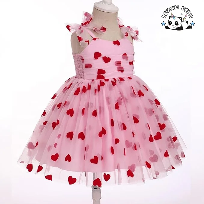 Vestido rosa personalizado para meninas com malha vermelha, alças de laço sem mangas e costas franzidas para verão para crianças de 2 a 14 anos - Product Image