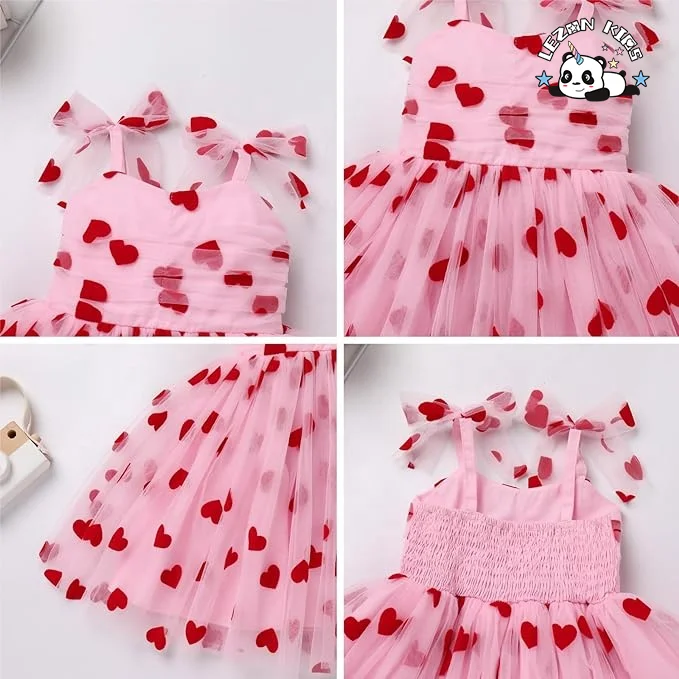 Vestido rosa personalizado para meninas com malha vermelha, alças de laço sem mangas e costas franzidas para verão para crianças de 2 a 14 anos - Product Image