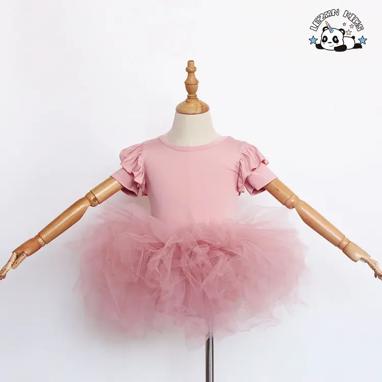 Customize Summer Elastic Ruffle Sleeve Party Wear Children Girls Tutu Dresses for Dancing