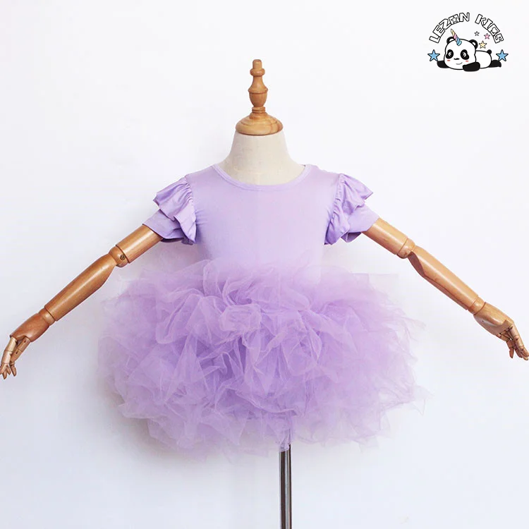 Customize Summer Elastic Ruffle Sleeve Party Wear Children Girls Tutu Dresses for Dancing - Product Image