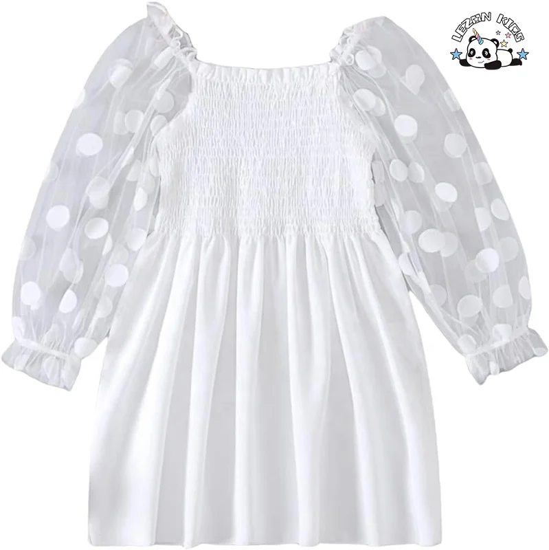 Vestido personalizado com manga de malha pontilhada e renda, algodão fofo para meninas no verão, malha para 6 anos - Product Image