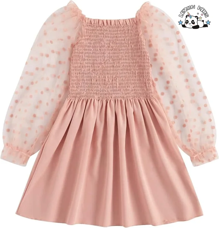 Vestido personalizado com manga de malha pontilhada e renda, algodão fofo para meninas no verão, malha para 6 anos - Product Image