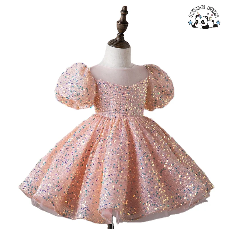 Customize fashion puffy sleeve sequin Girl's princess pink dress flower girls' dresses for party