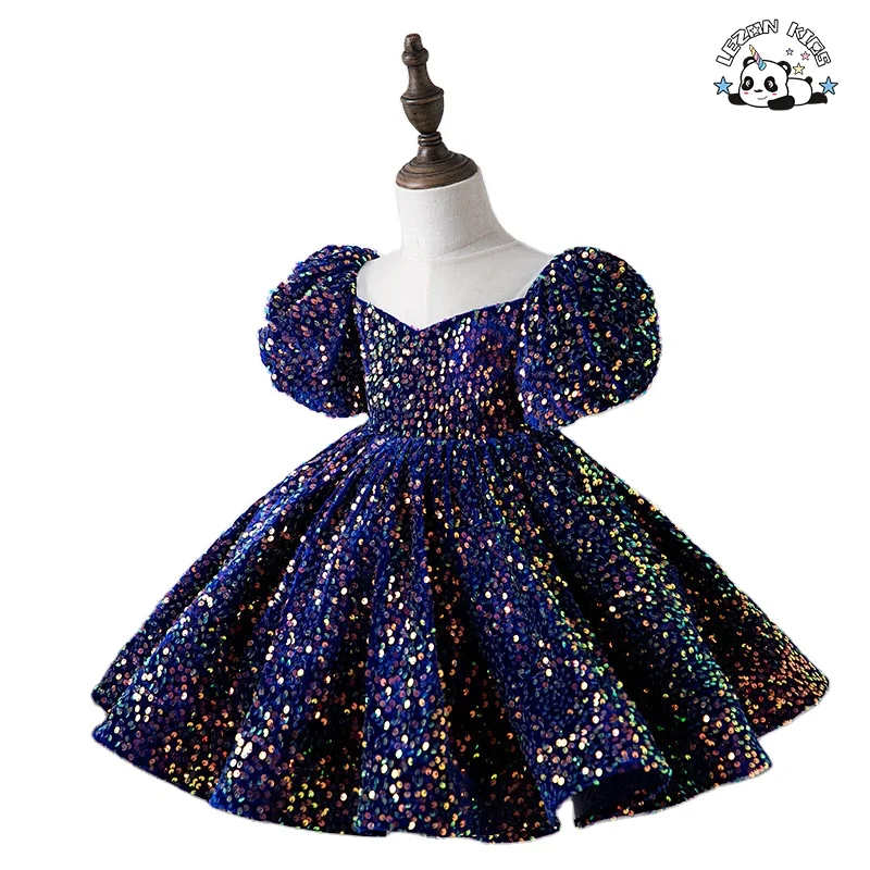 Customize fashion puffy sleeve sequin Girl's princess pink dress flower girls' dresses for party - Product Image