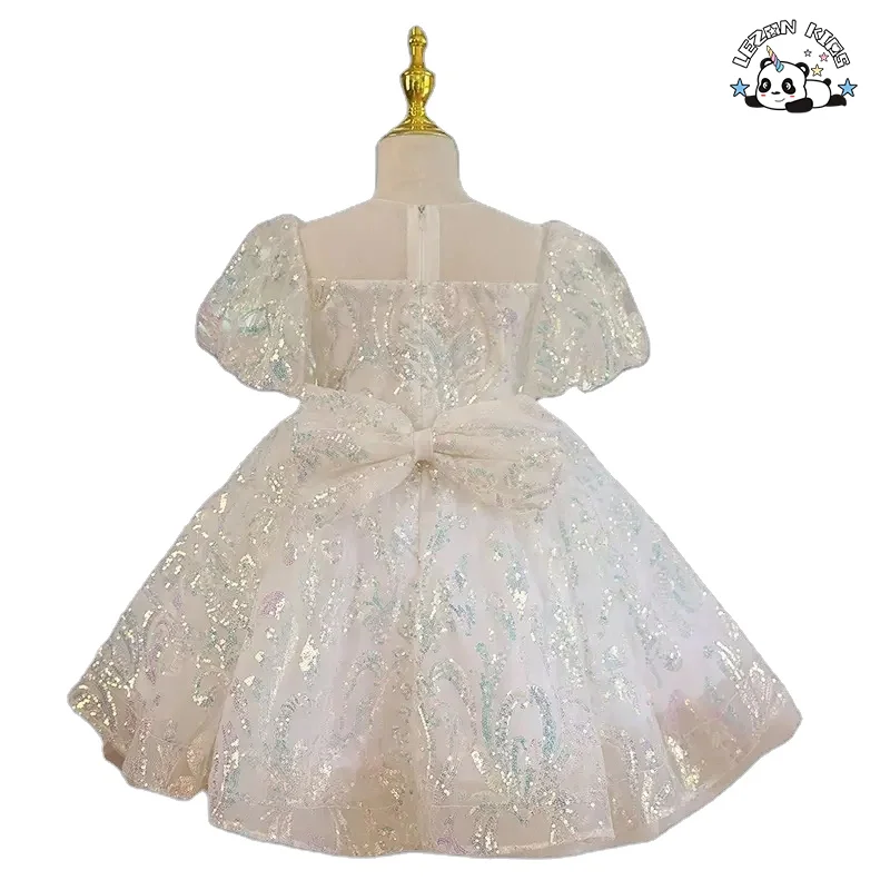 Customize fashion puffy sleeve sequin Girl's princess pink dress flower girls' dresses for party - Product Image