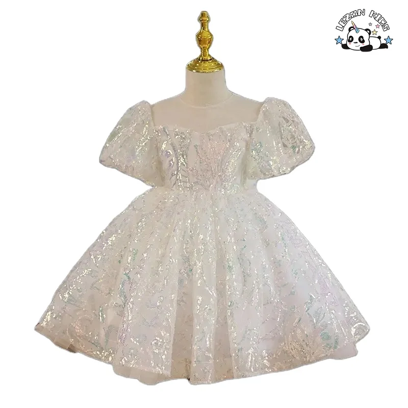 Customize fashion puffy sleeve sequin Girl's princess pink dress flower girls' dresses for party - Product Image