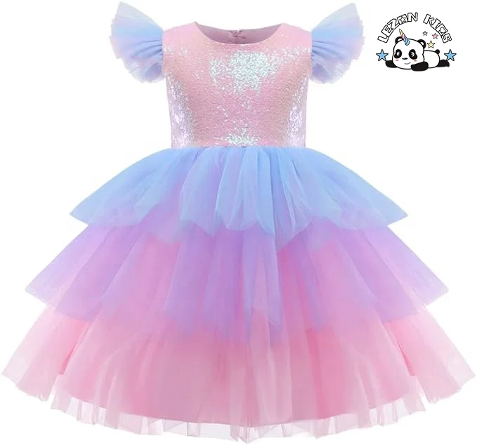Vestido de festa de casamento de lantejoulas rosa personalizado para meninas com babados e renda