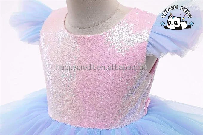 Vestido de festa de casamento de lantejoulas rosa personalizado para meninas com babados e renda - Product Image