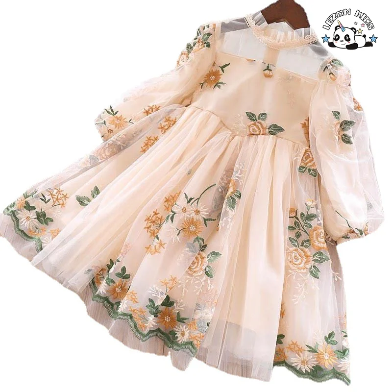 Customized Autumn Embroidery Flower Tulle Dress for Kids Girl  Cute Casual Dress for Kids