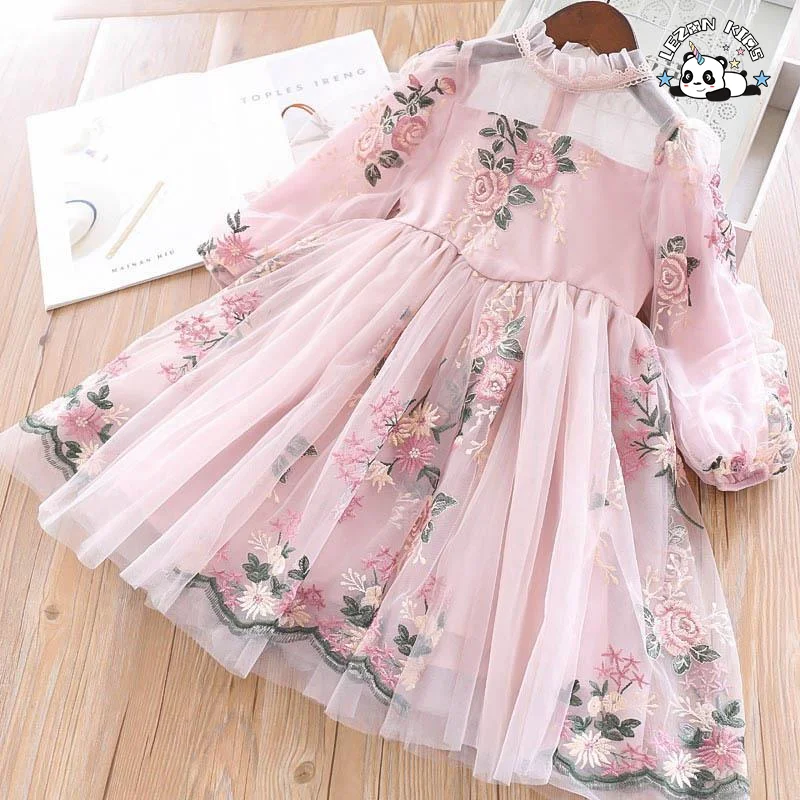Customized Autumn Embroidery Flower Tulle Dress for Kids Girl Cute Casual Dress for Kids - Product Image