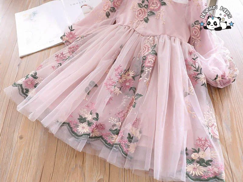 Customized Autumn Embroidery Flower Tulle Dress for Kids Girl Cute Casual Dress for Kids - Product Image