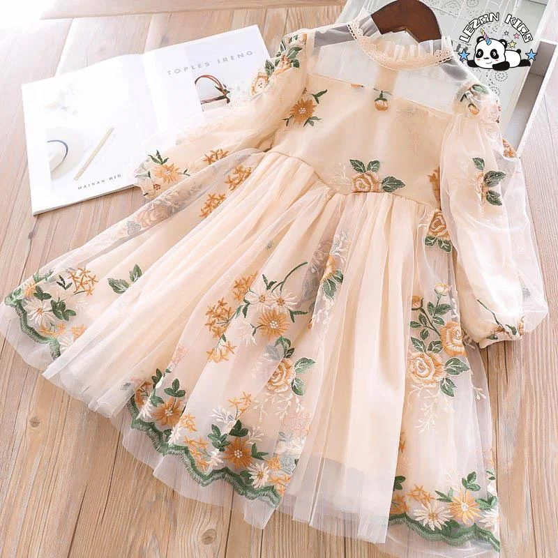 Customized Autumn Embroidery Flower Tulle Dress for Kids Girl Cute Casual Dress for Kids - Product Image