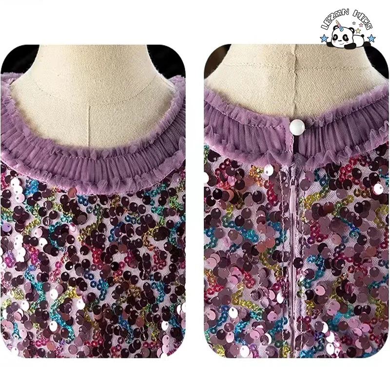 Vestido de Princesa Sequilhada Personalizado para Meninas sem Mangas com Bloco de Cores em Tule - Product Image