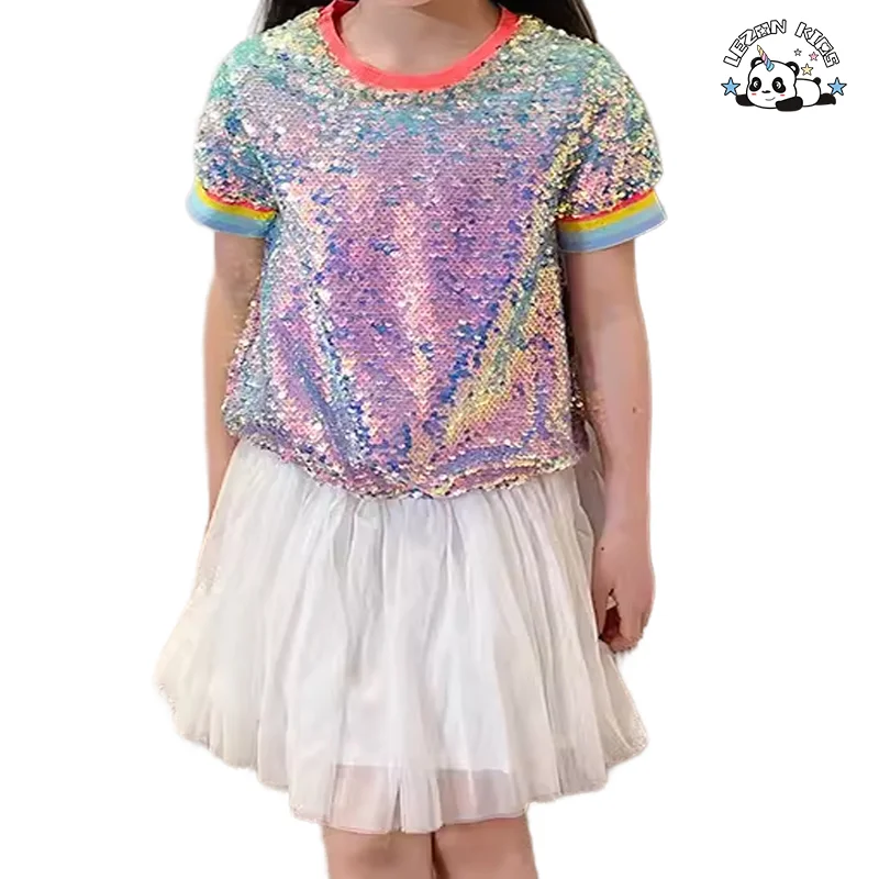 Customized Color Size Kids Sequin Dress Short-sleeve Ribbed Design Tulle Casual Dress