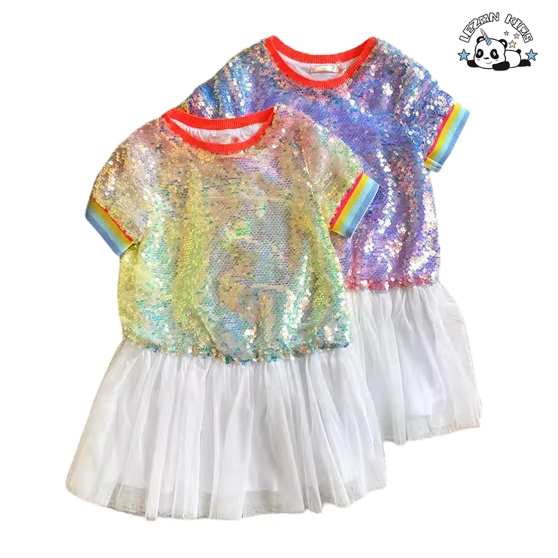 Customized Color Size Kids Sequin Dress Short-sleeve Ribbed Design Tulle Casual Dress - Product Image