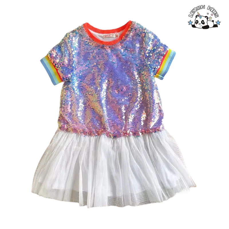 Customized Color Size Kids Sequin Dress Short-sleeve Ribbed Design Tulle Casual Dress - Product Image