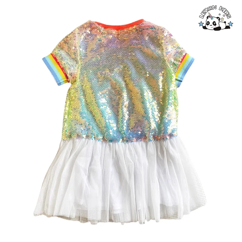 Customized Color Size Kids Sequin Dress Short-sleeve Ribbed Design Tulle Casual Dress - Product Image