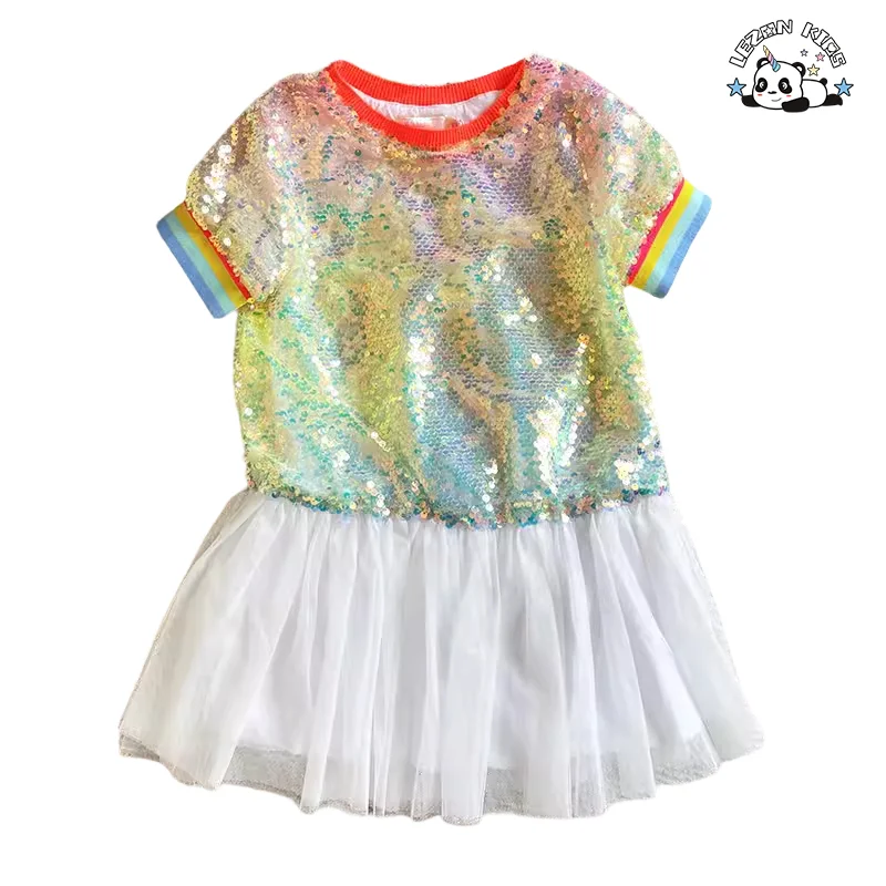 Customized Color Size Kids Sequin Dress Short-sleeve Ribbed Design Tulle Casual Dress - Product Image