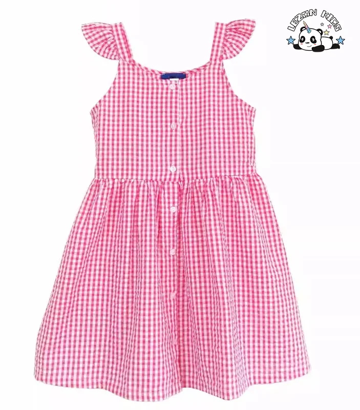 Vestidos de Verão Personalizados para Meninas 100% Algodão Rosa Xadrez Mangas com Babados
