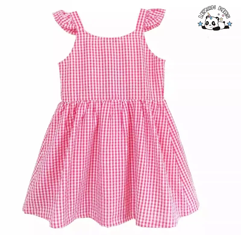 Vestidos de Verão Personalizados para Meninas 100% Algodão Rosa Xadrez Mangas com Babados - Product Image
