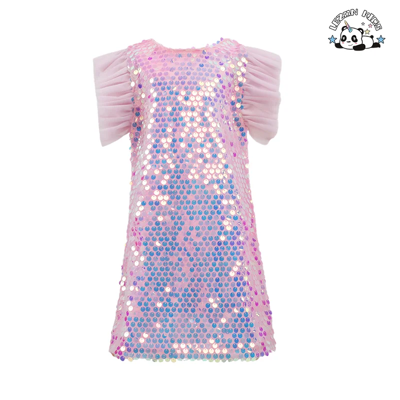 Vestido de menina rosa sem mangas de alta qualidade personalizado para o verão com lantejoulas e manga de tule