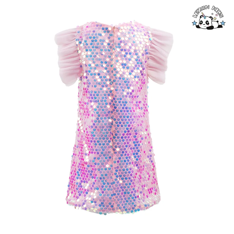 Vestido de menina rosa sem mangas de alta qualidade personalizado para o verão com lantejoulas e manga de tule - Product Image