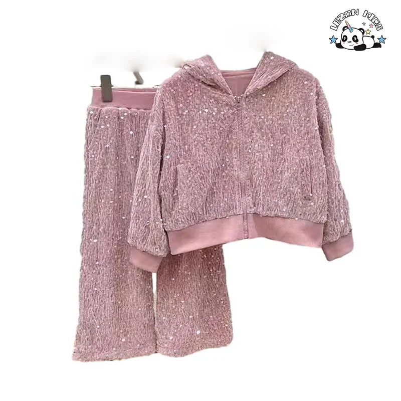 Customized Kids Spring Clothing Outfit Set  Hooded Jacket and Pants Sequin Girls Clothing Sets