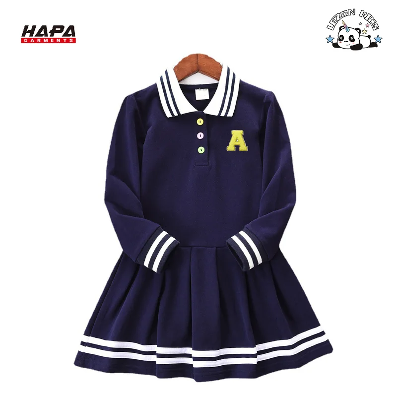 Customized Leisure Children's Skirt Letter Patches Long Sleeve Princess Skirt  School Style Girls Dress