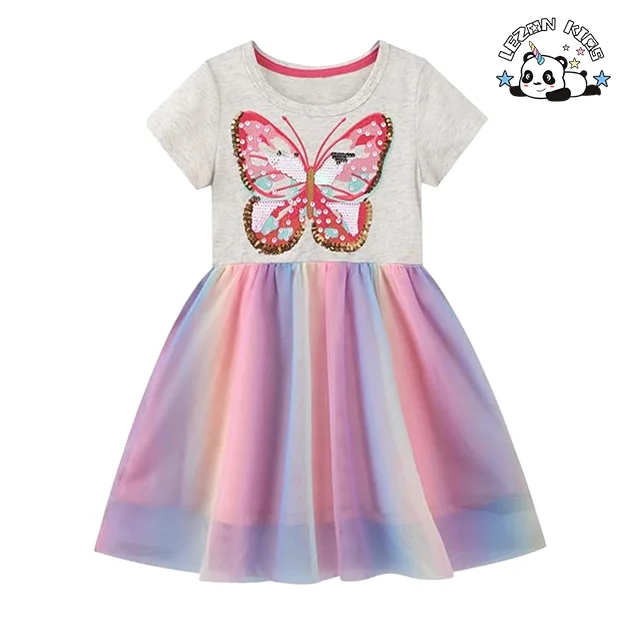 Customized Logo Kids Cute Cartoon Printing Girls Tulle Dress Sequins Stripe For Summer - Product Image