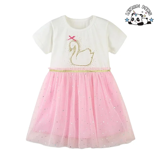 Customized Logo Kids Cute Cartoon Printing Girls Tulle Dress Sequins Stripe For Summer - Product Image