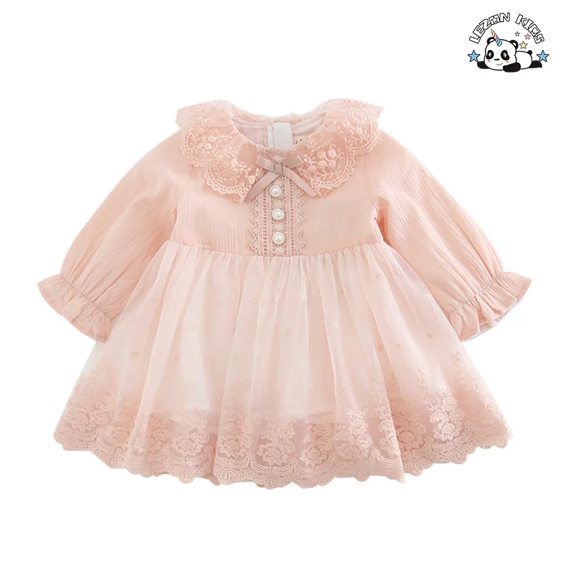 Customized Long Sleeve Casual Cute Pink Baby Girl Tulle Winter Kids Dresses for Girls