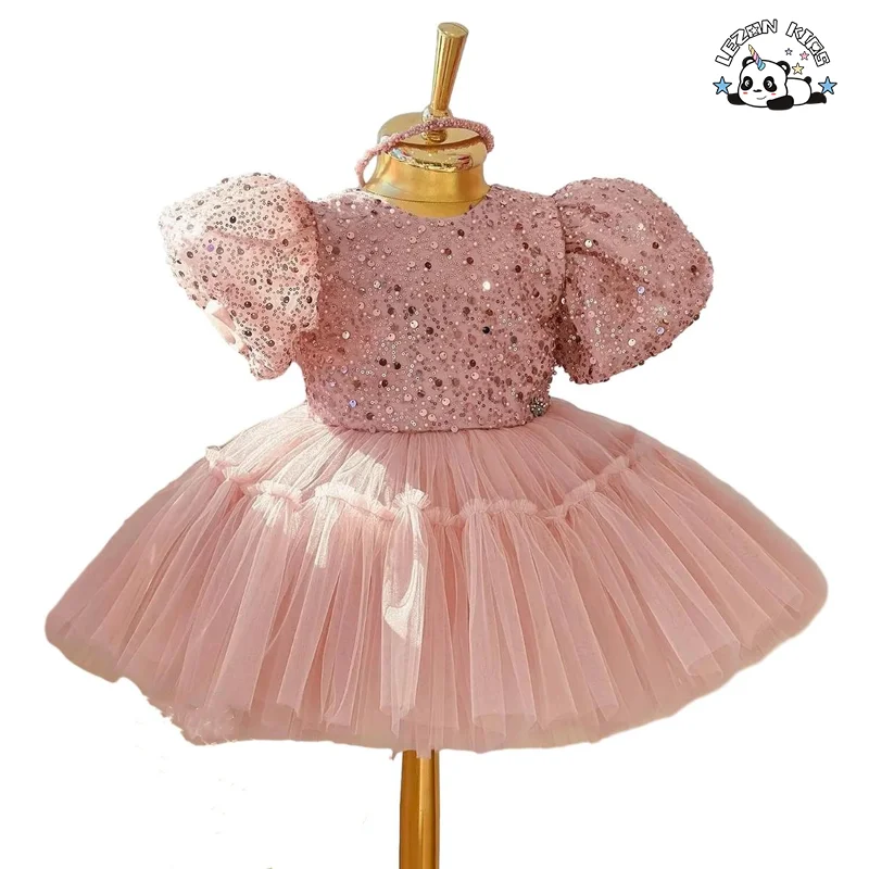 Customized OEM ODM Birthday Party Dress Girls Sequined Bow Puff Girl Dress