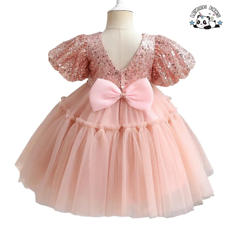 Customized OEM ODM Birthday Party Dress Girls Sequined Bow Puff Girl Dress - Product Image
