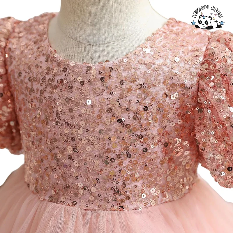 Customized OEM ODM Birthday Party Dress Girls Sequined Bow Puff Girl Dress - Product Image