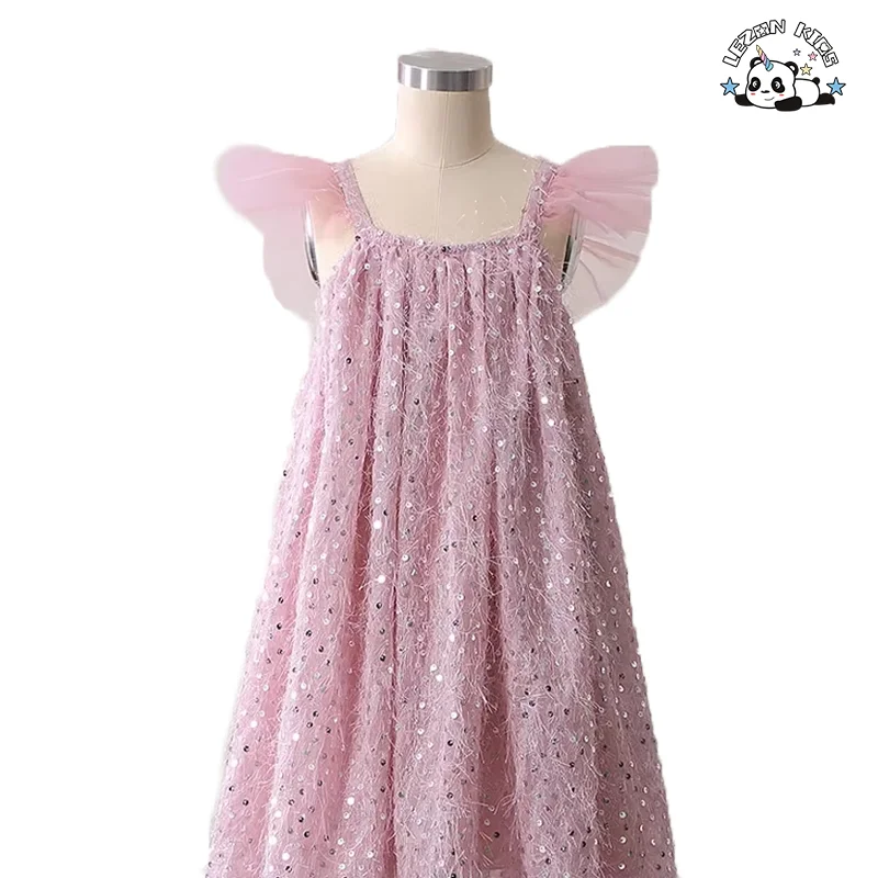 Customized Party Girls Summer Dress Sling Ruffle Sleeve Straight Pleated Party Dresses for Girls