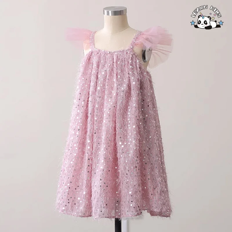 Customized Party Girls Summer Dress Sling Ruffle Sleeve Straight Pleated Party Dresses for Girls - Product Image