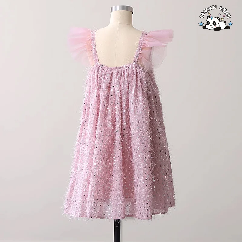 Customized Party Girls Summer Dress Sling Ruffle Sleeve Straight Pleated Party Dresses for Girls - Product Image