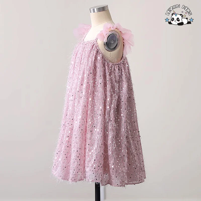Customized Party Girls Summer Dress Sling Ruffle Sleeve Straight Pleated Party Dresses for Girls - Product Image