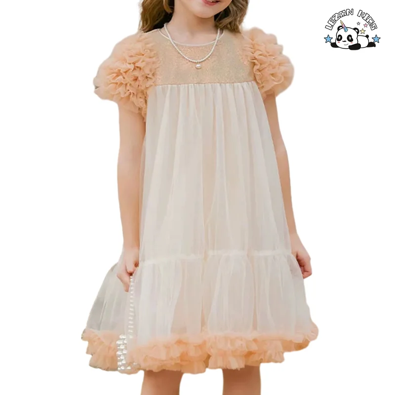 Vestido de Lace com Manga Curta e Babado Personalizado para Meninas de 2 a 14 anos com Tecido de Lantejoulas para Festa