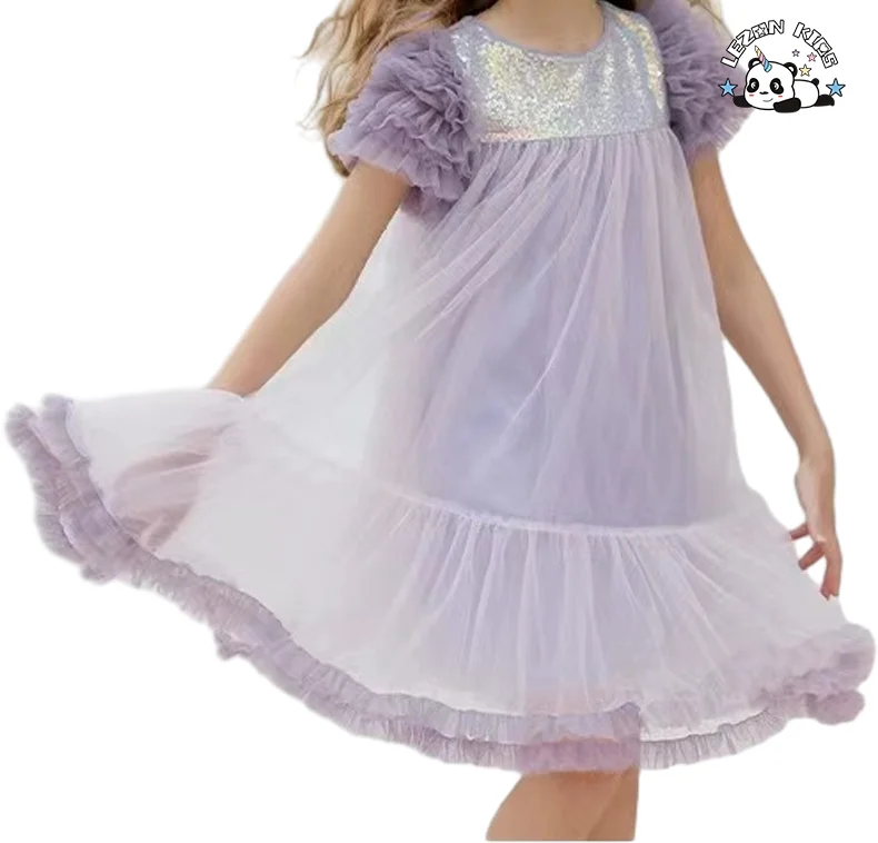 Vestido de Lace com Manga Curta e Babado Personalizado para Meninas de 2 a 14 anos com Tecido de Lantejoulas para Festa - Product Image