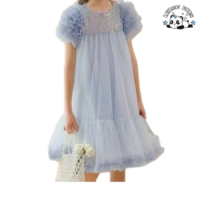 Vestido de Lace com Manga Curta e Babado Personalizado para Meninas de 2 a 14 anos com Tecido de Lantejoulas para Festa - Product Image