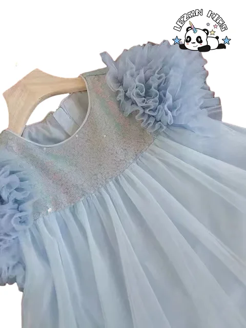 Vestido de Lace com Manga Curta e Babado Personalizado para Meninas de 2 a 14 anos com Tecido de Lantejoulas para Festa - Product Image