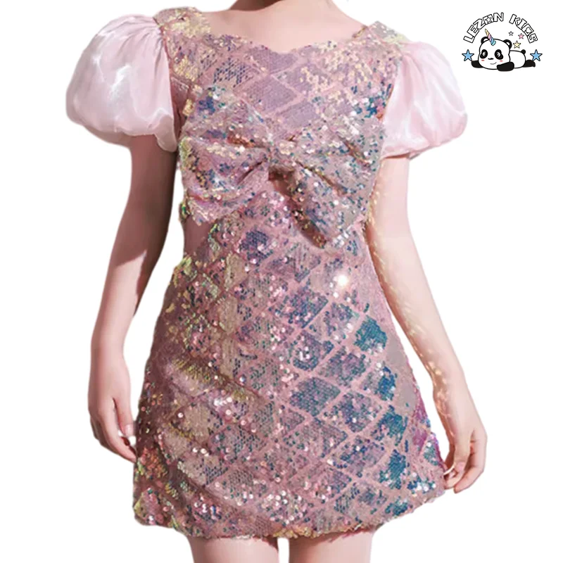 Customized Sequin Print Bow Decoration Girls Dress Puff Sleeves Cute Dress for Girls