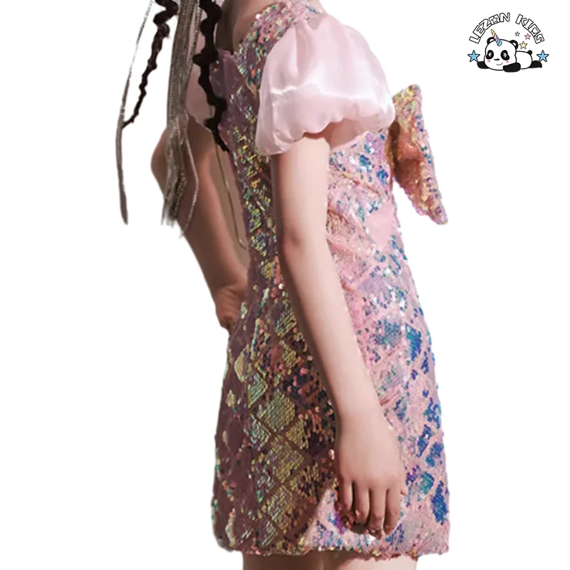 Customized Sequin Print Bow Decoration Girls Dress Puff Sleeves Cute Dress for Girls - Product Image