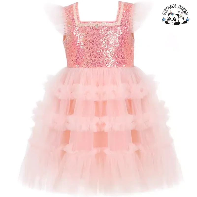 Customized Sequin Tulle Princess Cake Dresses Little Girl Fancy Party Tutu Dress