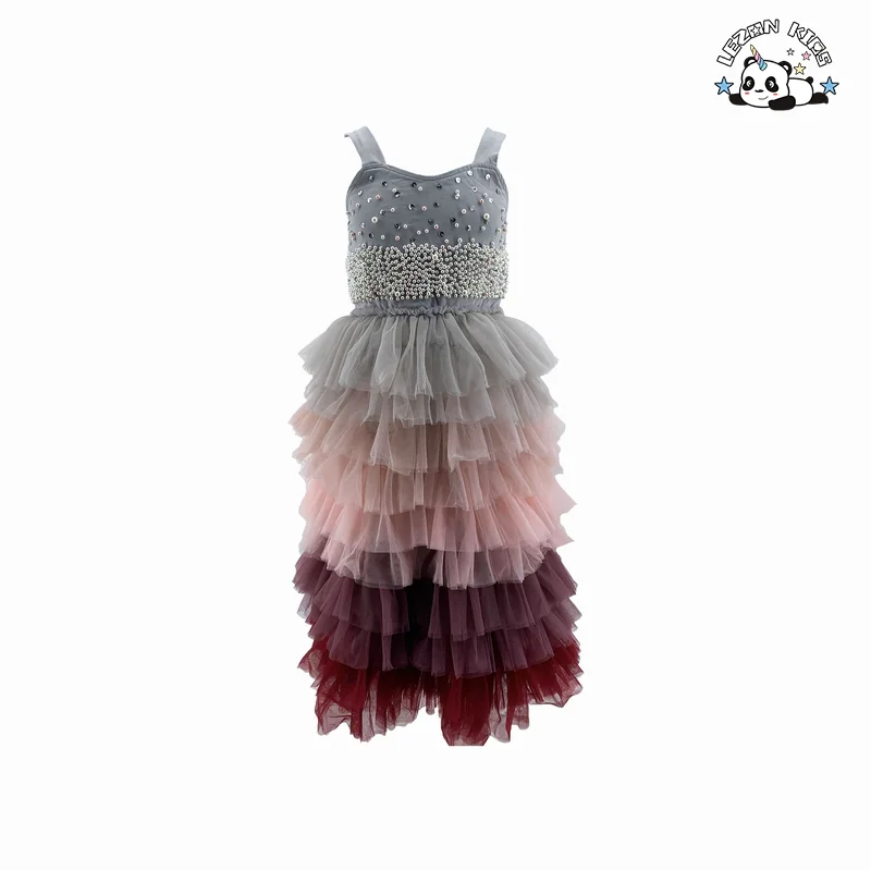 Vestido de festa personalizado para meninas com camadas de malha e pérolas, elegante para o verão