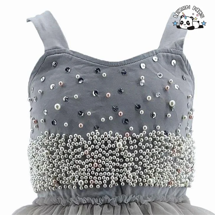 Vestido de festa personalizado para meninas com camadas de malha e pérolas, elegante para o verão - Product Image