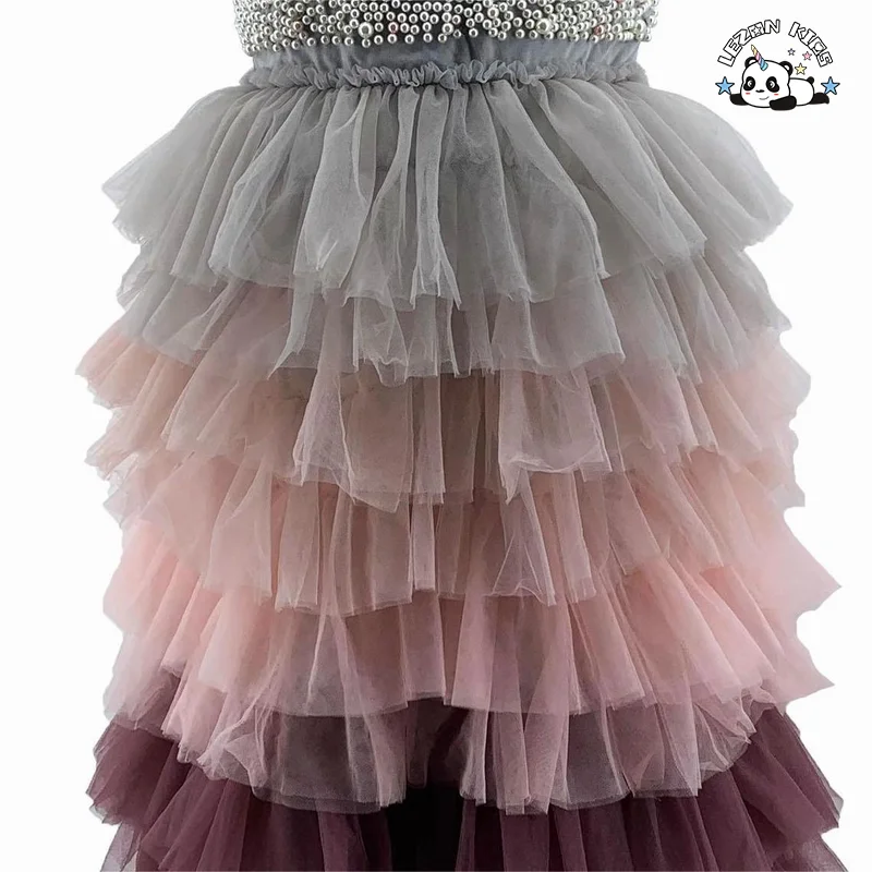 Vestido de festa personalizado para meninas com camadas de malha e pérolas, elegante para o verão - Product Image