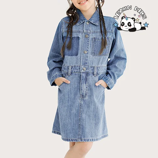 Vestido de jeans personalizado trendy para crianças, lavado retrô, vestido de denim meio aberto para meninas - Product Image